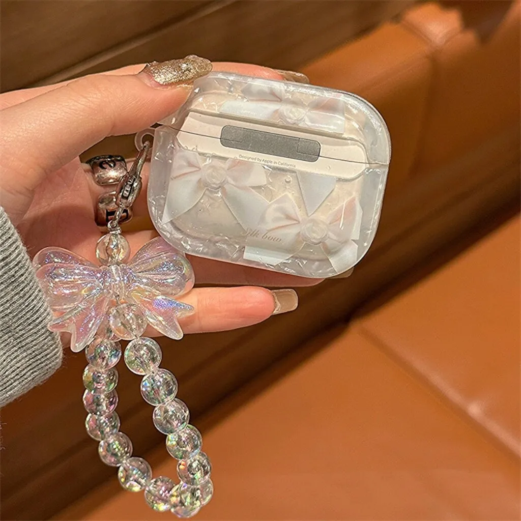 Cute White Bow Tie Print Clear Protective Cover AirPods Case + Beaded Hand Strap for AirPods 1 2 3 Pro 2 Generation Shockproof A