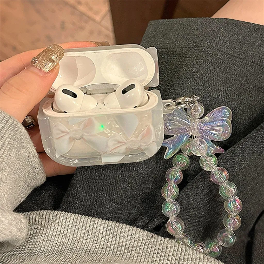 Cute White Bow Tie Print Clear Protective Cover AirPods Case + Beaded Hand Strap for AirPods 1 2 3 Pro 2 Generation Shockproof A