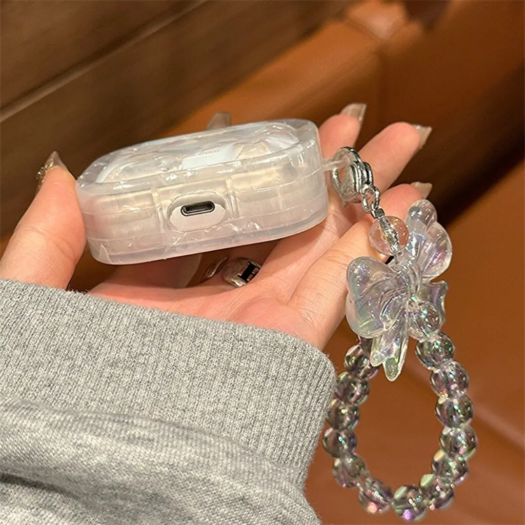 Cute White Bow Tie Print Clear Protective Cover AirPods Case + Beaded Hand Strap for AirPods 1 2 3 Pro 2 Generation Shockproof A