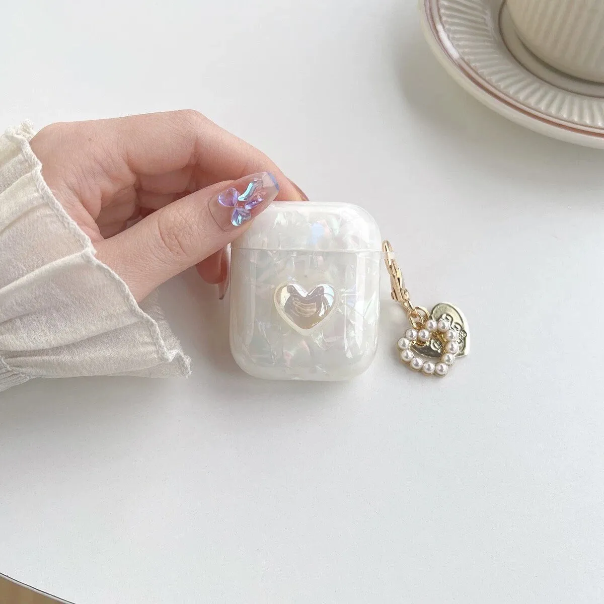 Cute White Pearlescent Marble Heart Protective Shockproof Cover AirPods Case + Carabiner Heart Charm for AirPods 1 2 3 Pro 2 Gen