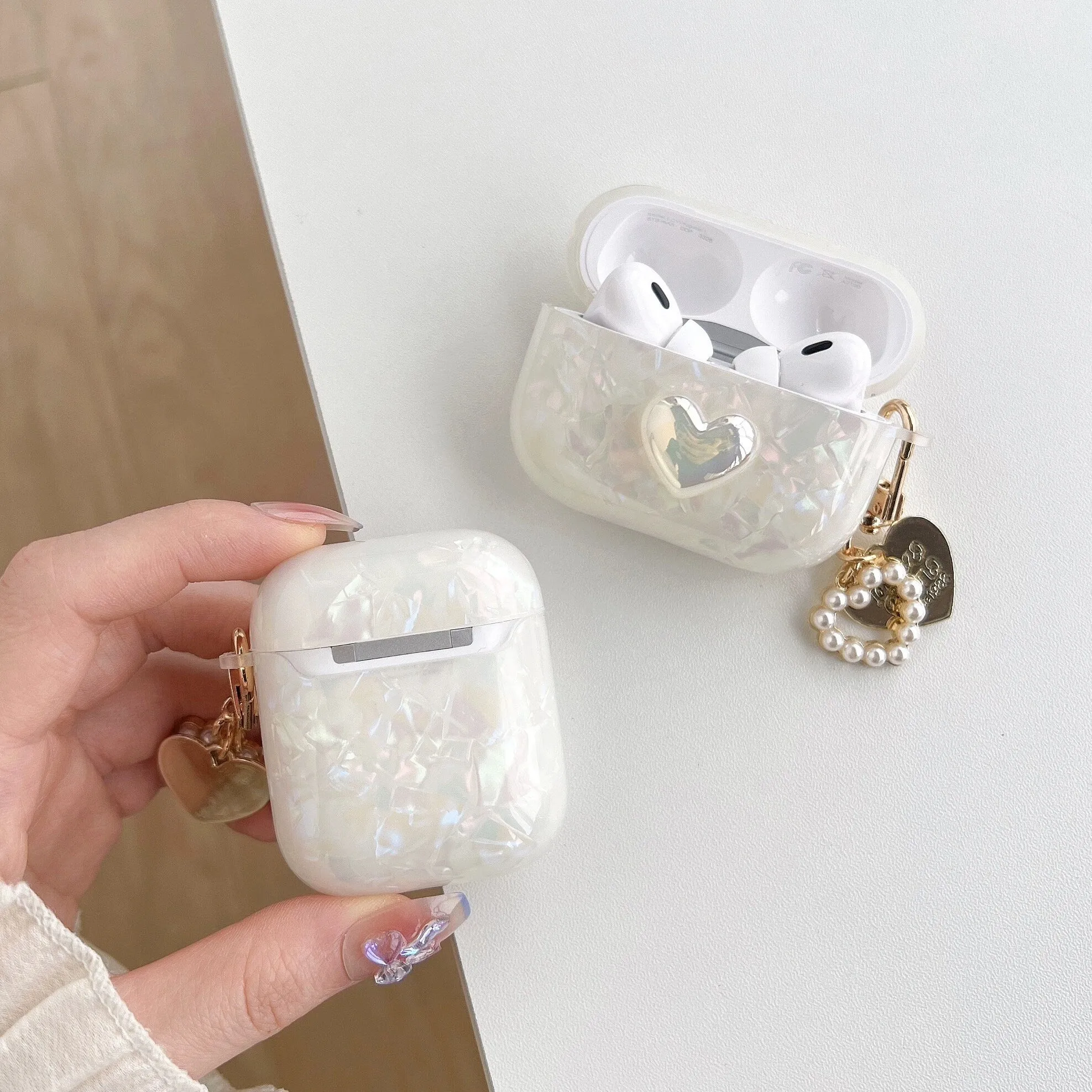 Cute White Pearlescent Marble Heart Protective Shockproof Cover AirPods Case + Carabiner Heart Charm for AirPods 1 2 3 Pro 2 Gen