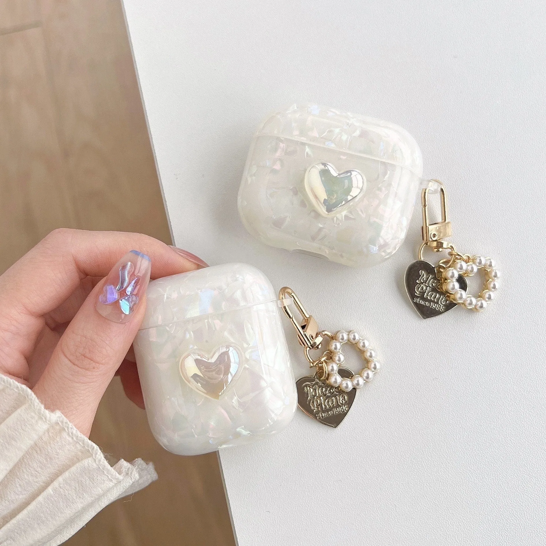 Cute White Pearlescent Marble Heart Protective Shockproof Cover AirPods Case + Carabiner Heart Charm for AirPods 1 2 3 Pro 2 Gen