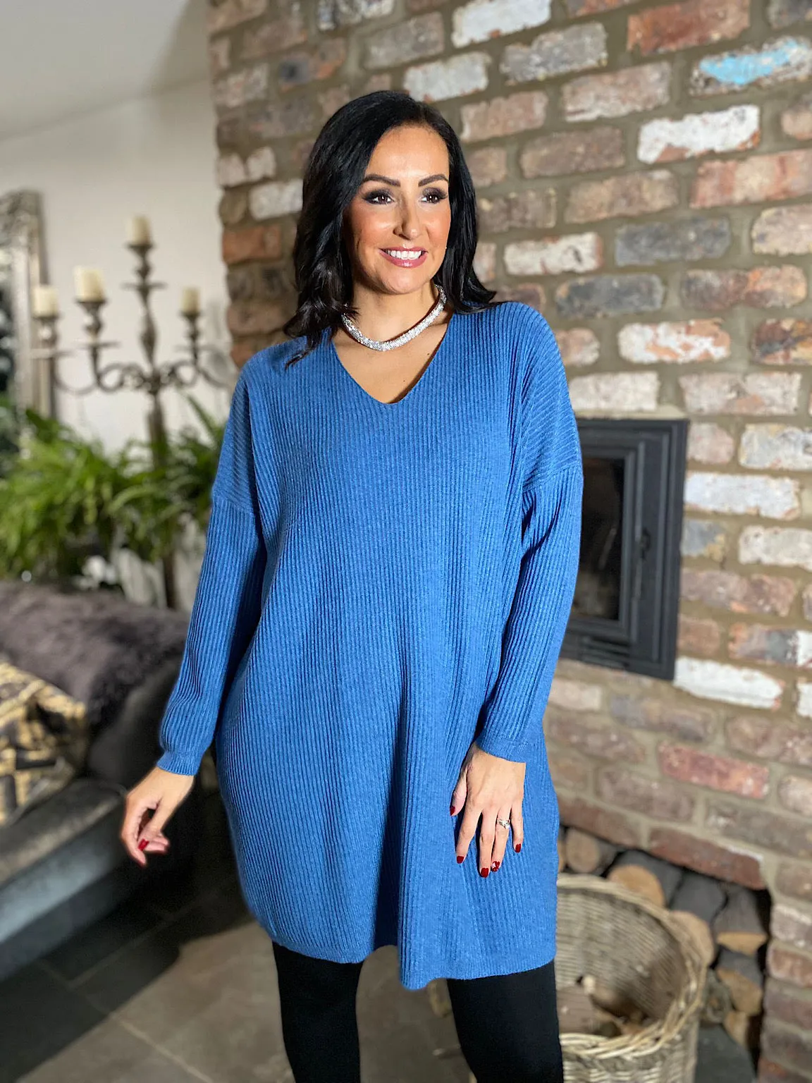 Denim Ribbed V Neck Knit Victoria