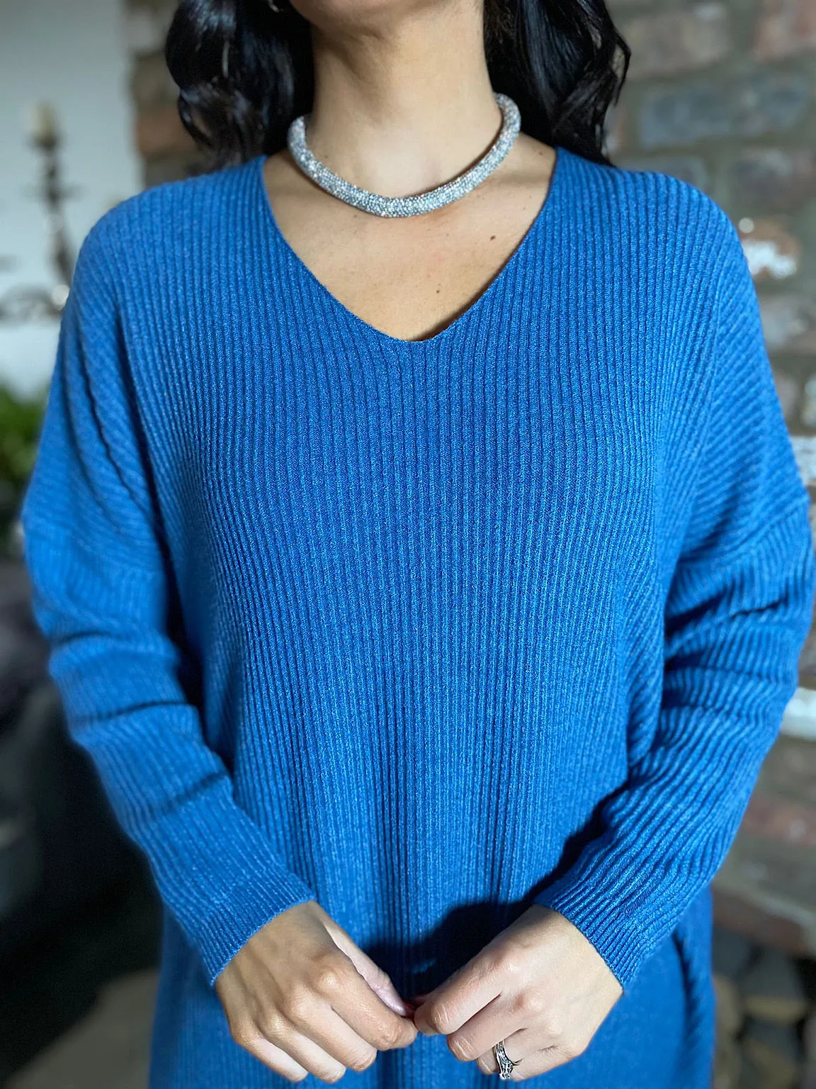 Denim Ribbed V Neck Knit Victoria