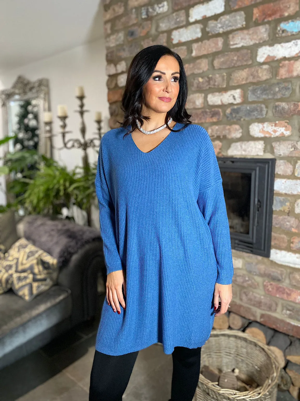 Denim Ribbed V Neck Knit Victoria