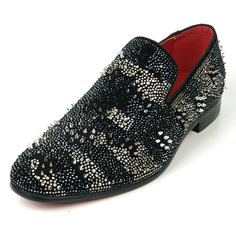 FI-7516 Black Silver Suede Rhinestones Spikes Slip on Loafer Fiesso by Aurelio Garcia