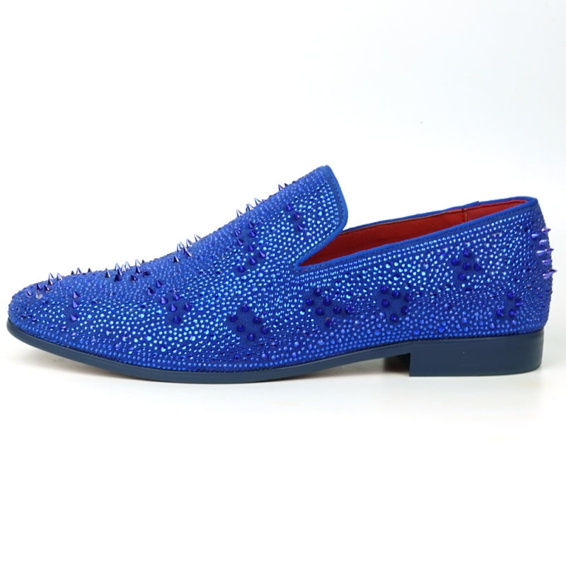 FI-7516 Blue Suede Rhinestones Spikes Slip on Loafer Fiesso by Aurelio Garcia