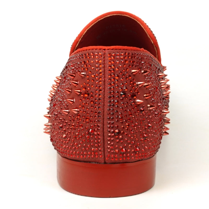 FI-7516 Red Suede Rhinestones Spikes Slip on Loafer Fiesso by Aurelio Garcia