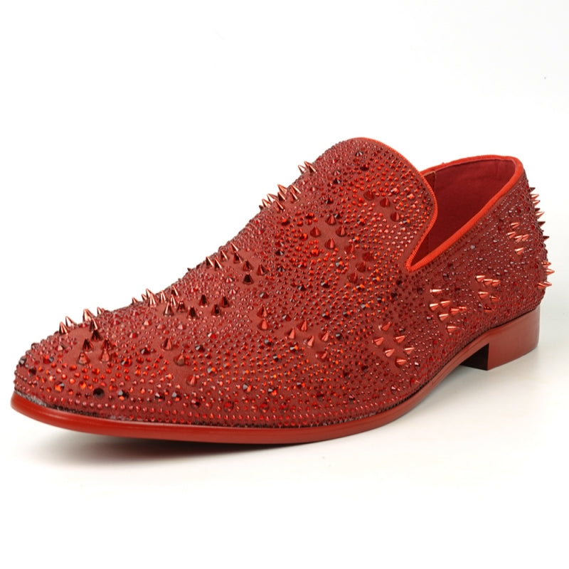 FI-7516 Red Suede Rhinestones Spikes Slip on Loafer Fiesso by Aurelio Garcia