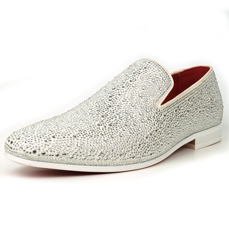 FI-7525 White Suede White Rhinestones Slip on Loafer Fiesso by Aurelio Garcia