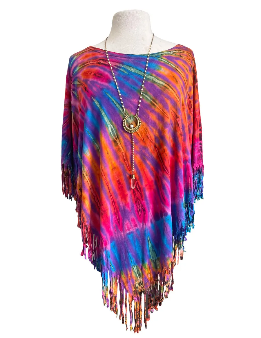 Fringed Tie Dye Bohemian Boho Hippie Poncho Top