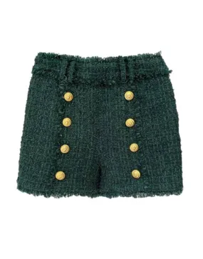 Green Gold Button Tweed Shorts