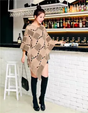 Manra Women Knitted Cape Poncho - Brown Checks with Fringe