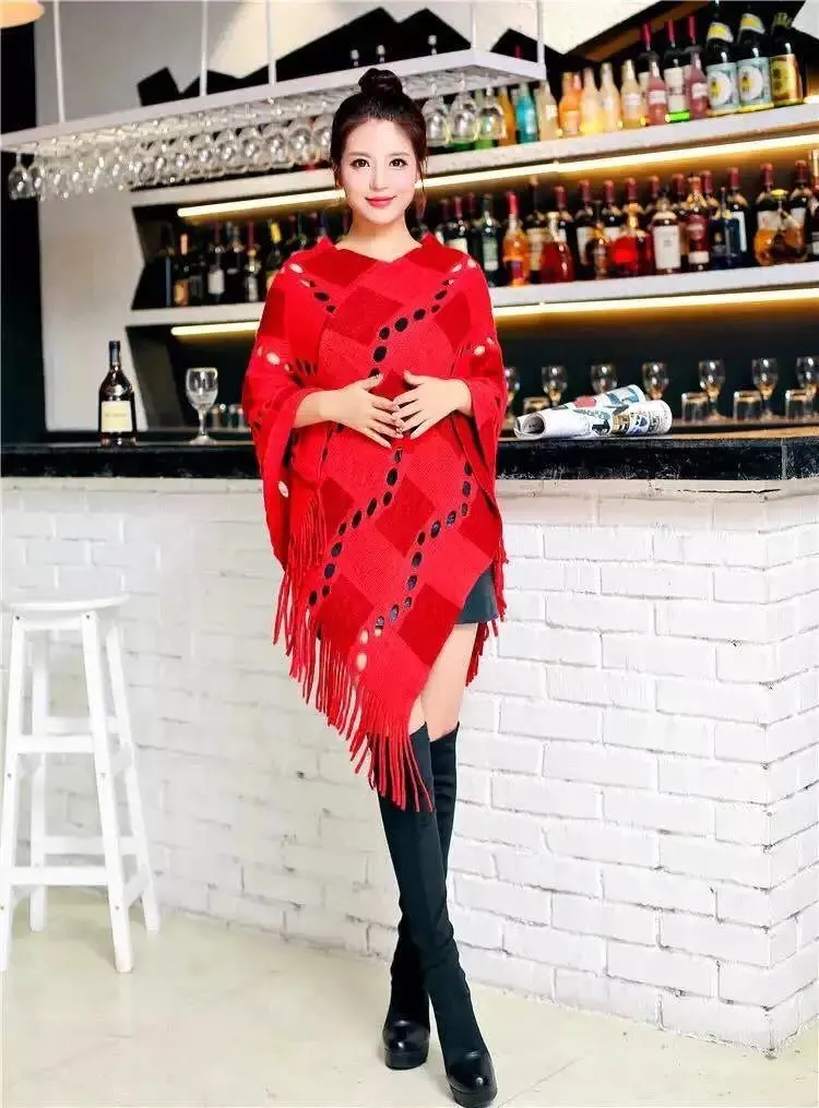 Manra Women Knitted Cape Poncho - Maroon Red Checks with Fringe