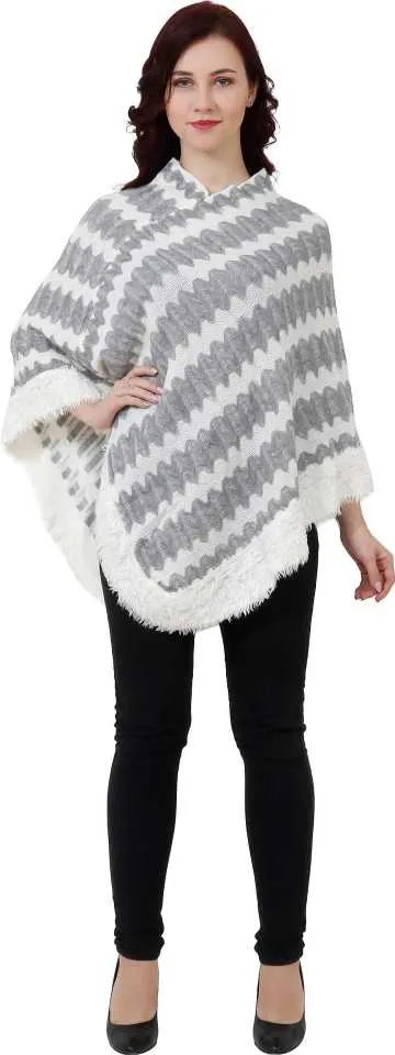 Manra Women Pure Wool Knitted Poncho in White-Grey Strips