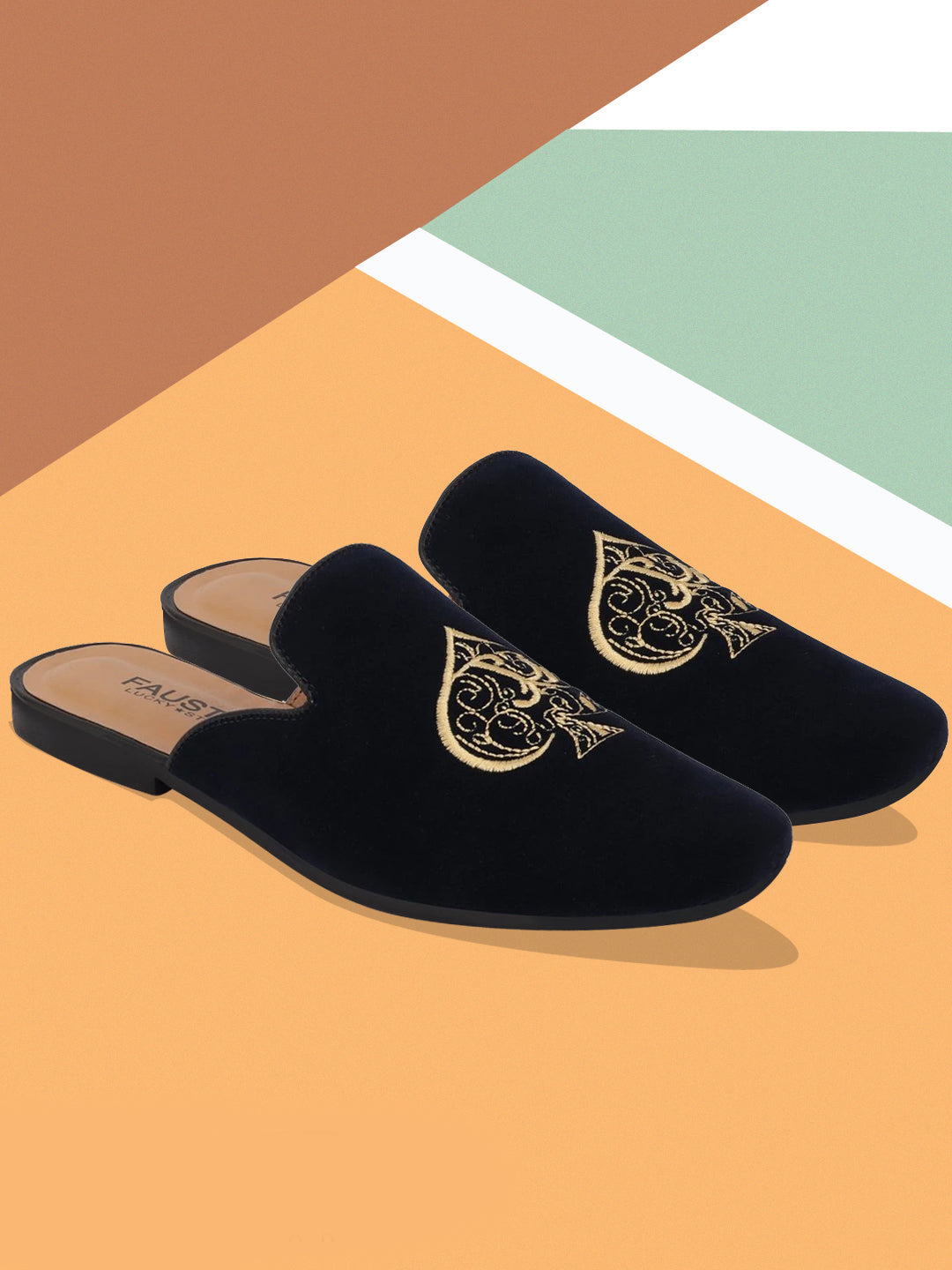 Men Blue Back Open Embroidery Ethnic Slip On Mules