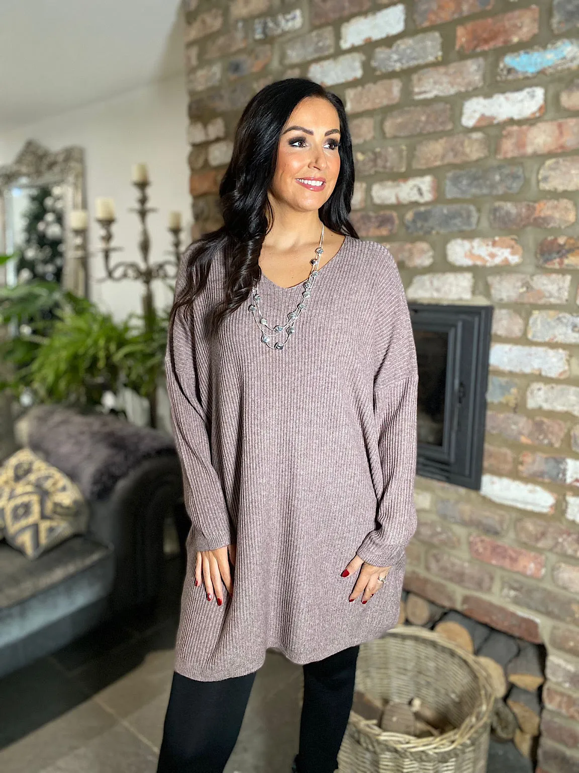 Mocha Ribbed V Neck Knit Victoria