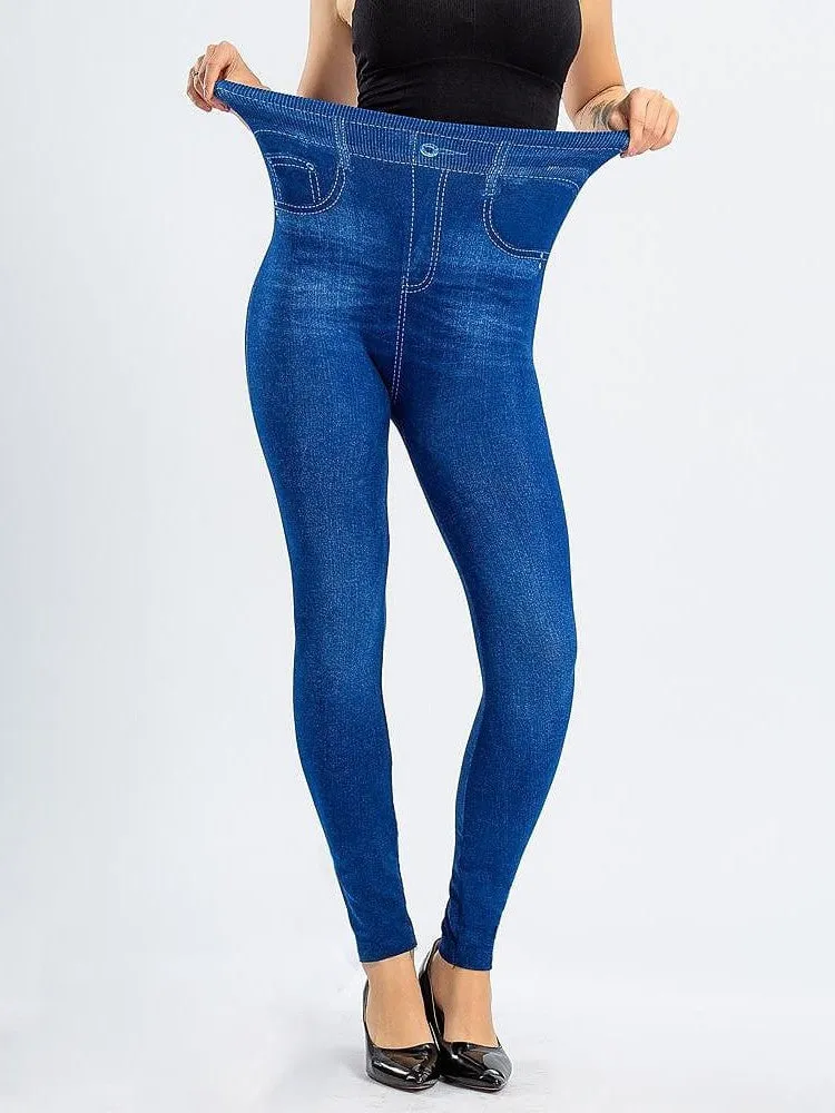 Modern High Waist Faux Denim Leggings for Women, Black and Blue