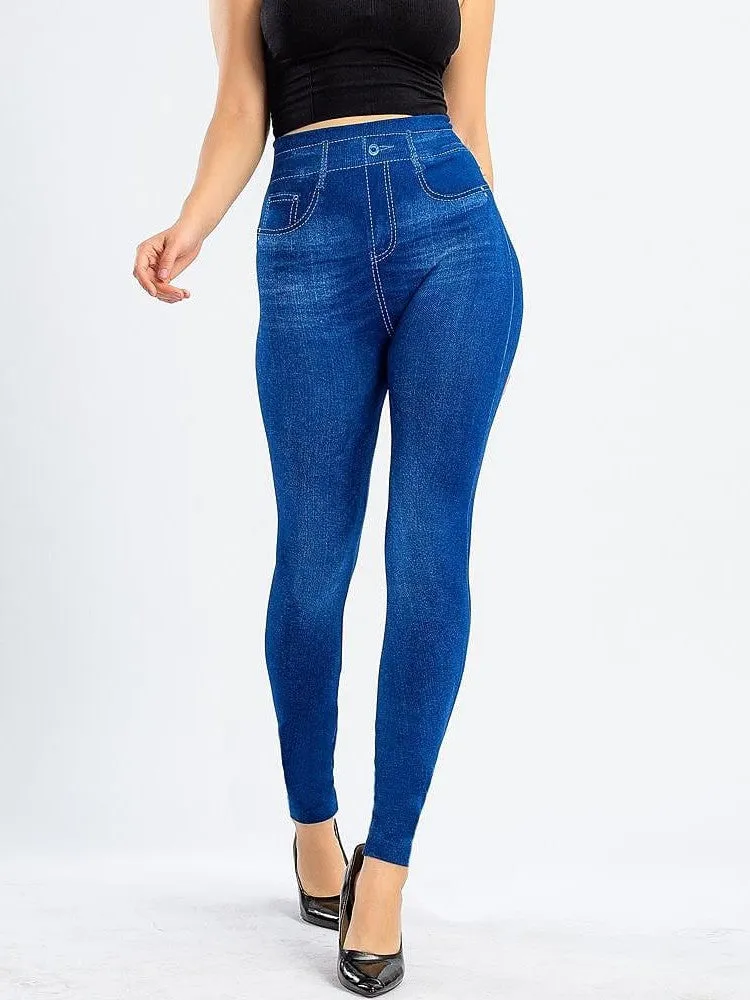 Modern High Waist Faux Denim Leggings for Women, Black and Blue