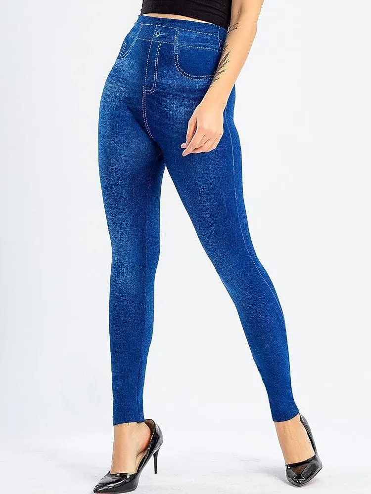 Modern High Waist Faux Denim Leggings for Women, Black and Blue