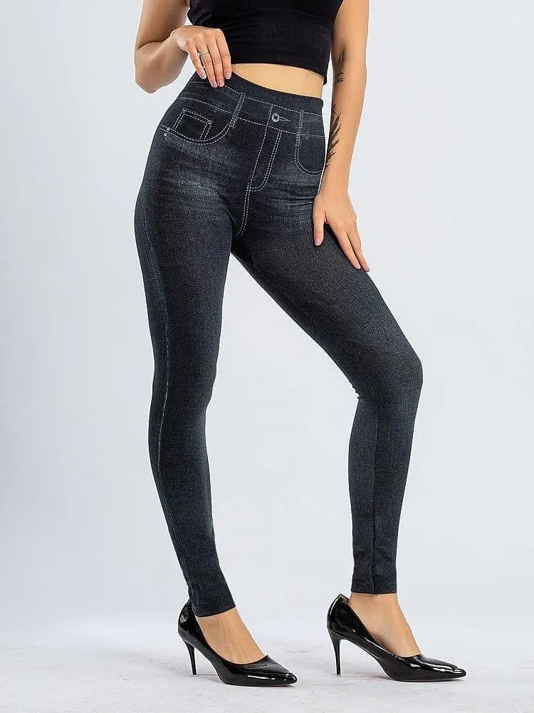 Modern High Waist Faux Denim Leggings for Women, Black and Blue