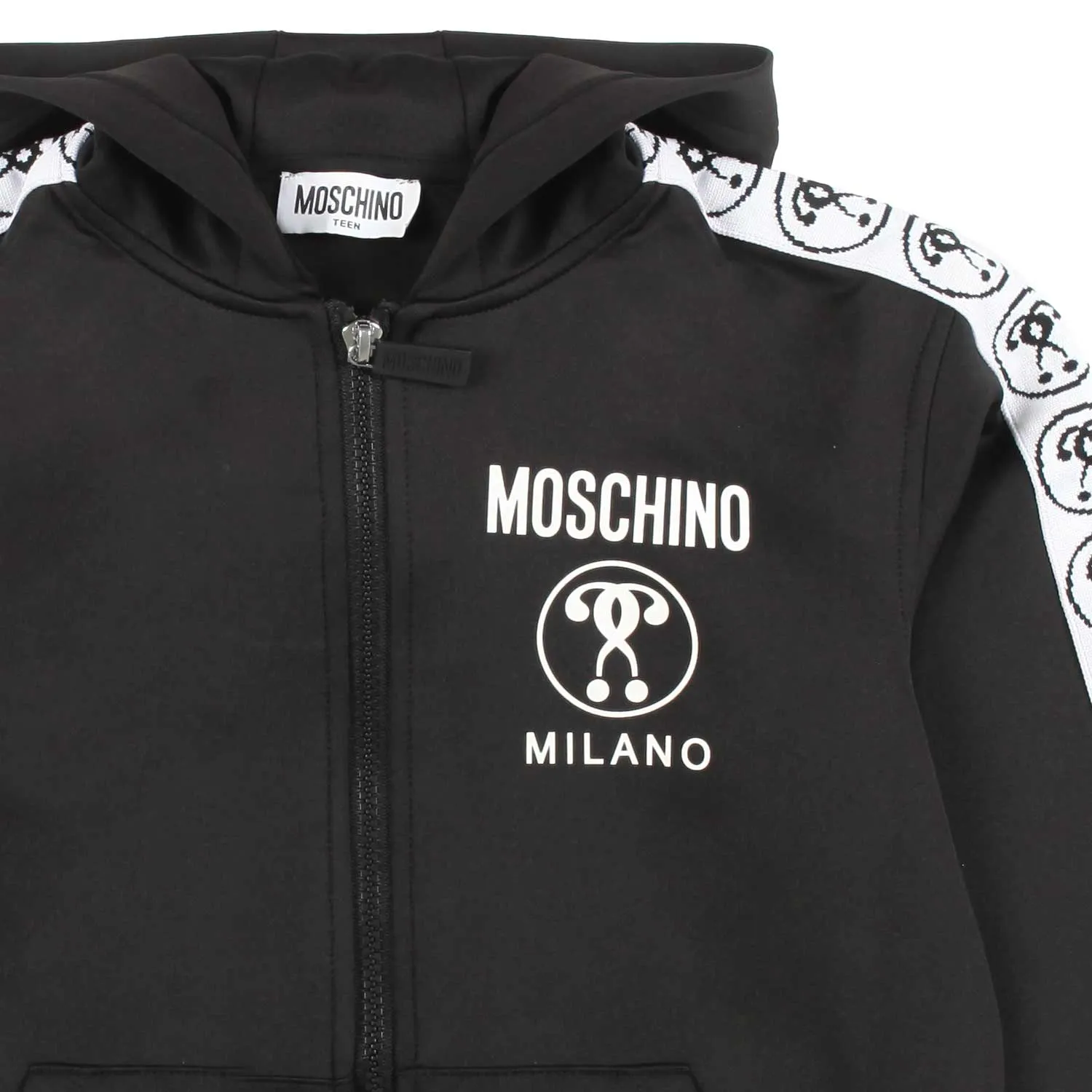 Moschino Black Sweatshirt With Hood, Zip And White Stripes