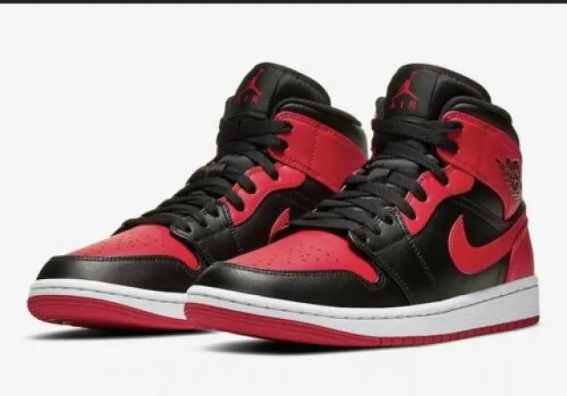 Nike Air Jordan 1 Mid Shoes Black Red "Banned" 554724-07...