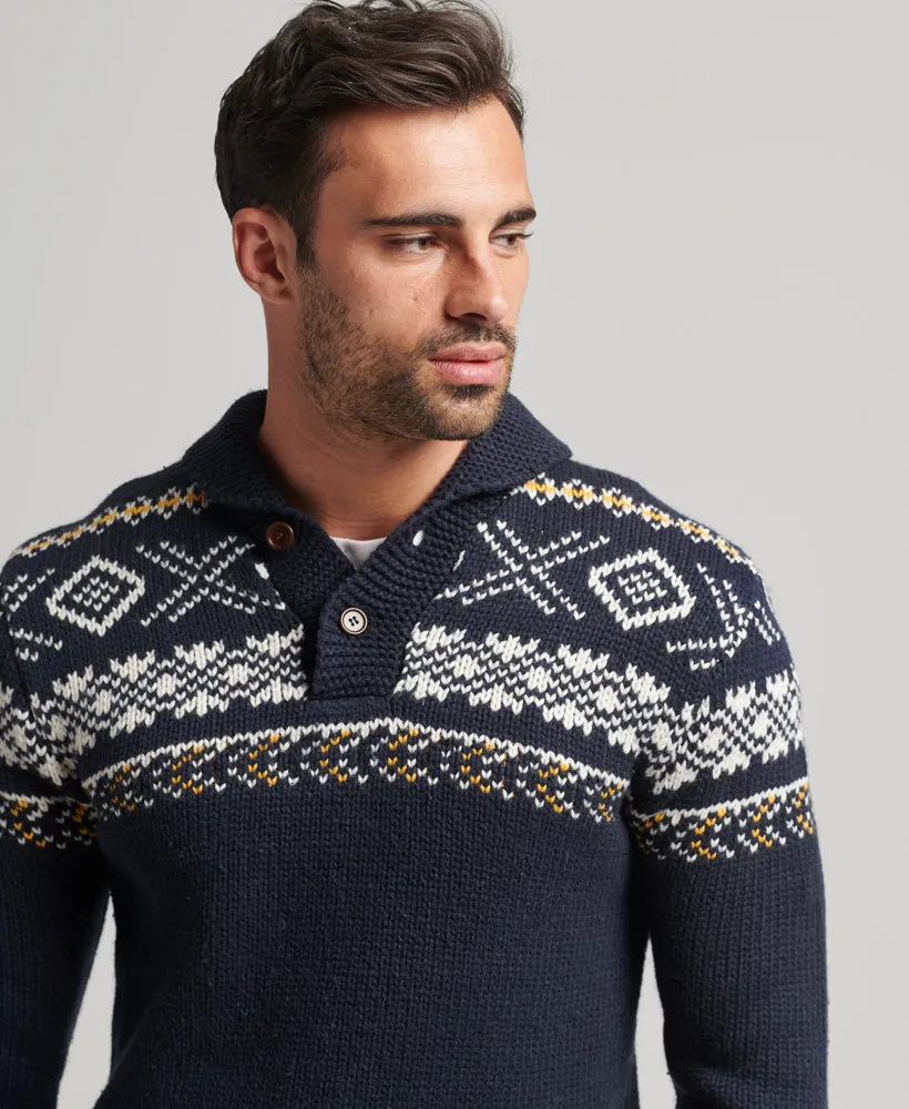 Patterned Knitted Shawl Jumper | Navy Multi