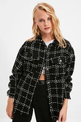 Plaid Pocket Detailed Tweed Woven Jacket Shirt