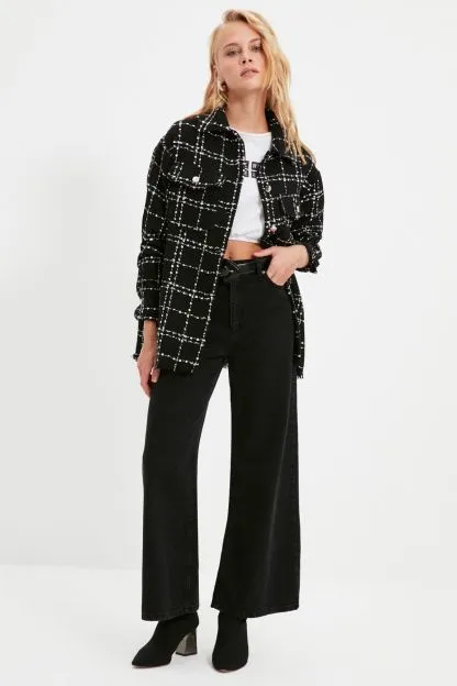 Plaid Pocket Detailed Tweed Woven Jacket Shirt