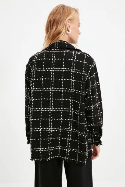 Plaid Pocket Detailed Tweed Woven Jacket Shirt