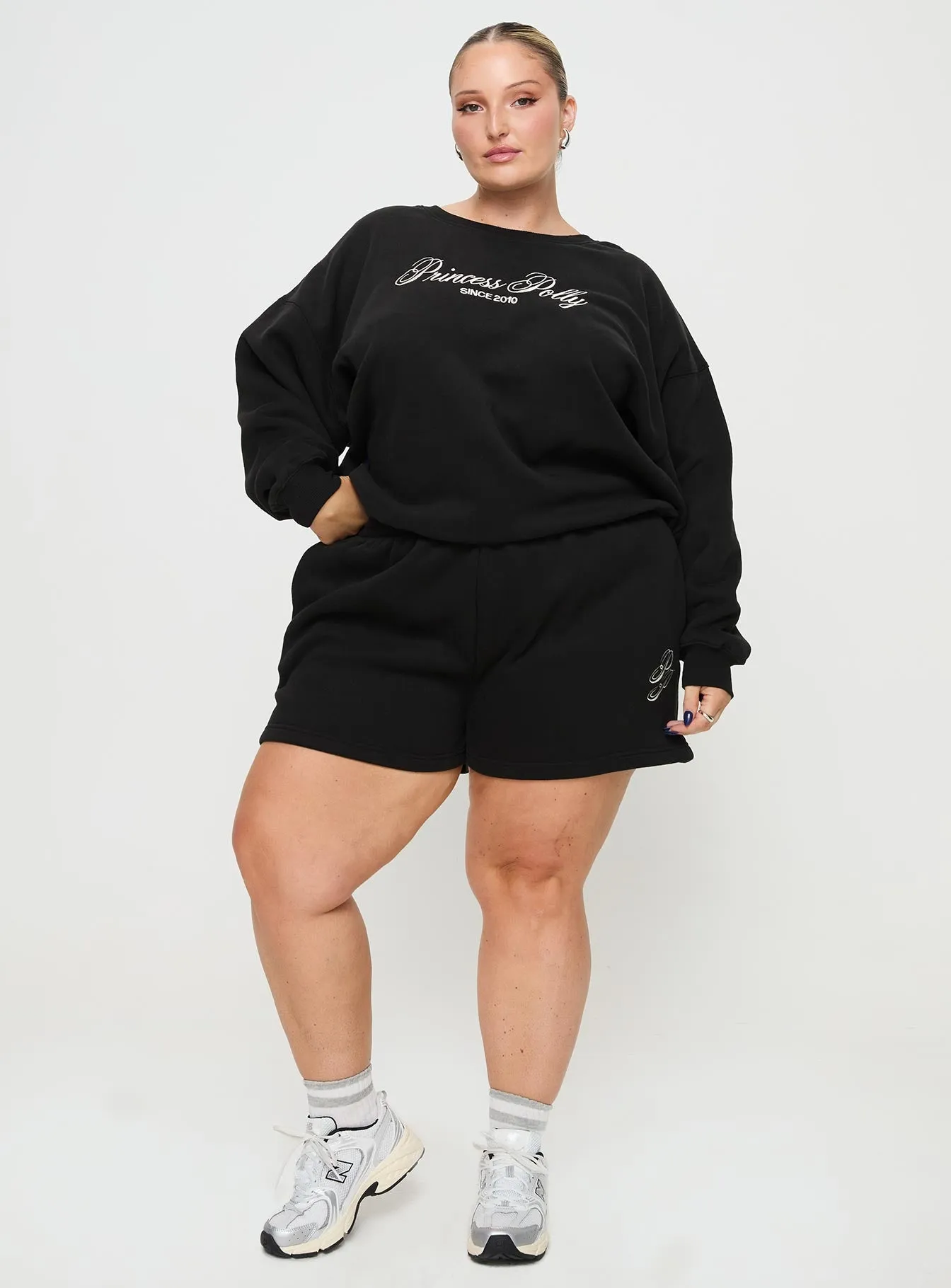 Princess Polly Track Shorts Cursive Text Black Sand Curve