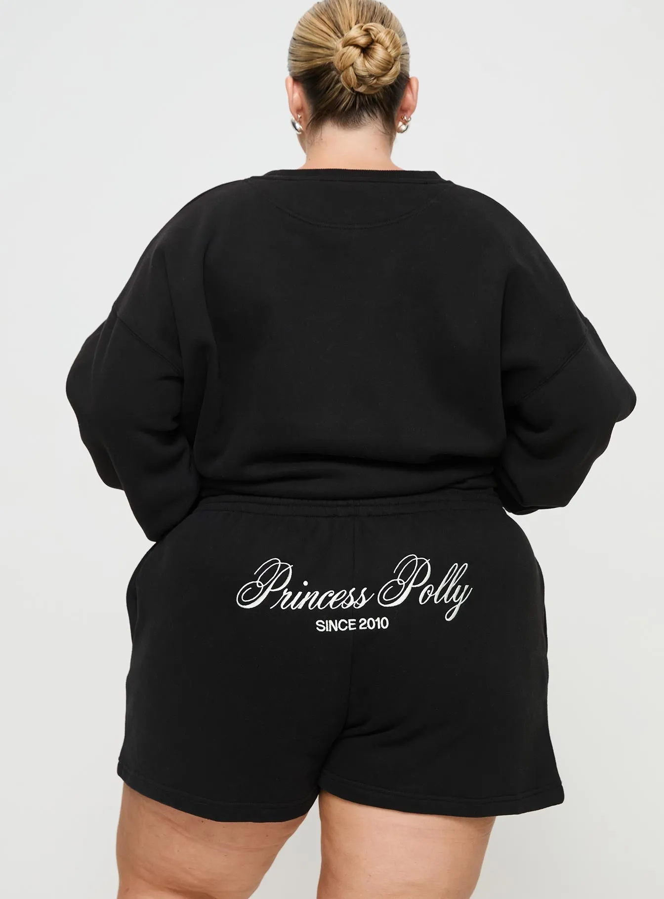 Princess Polly Track Shorts Cursive Text Black Sand Curve