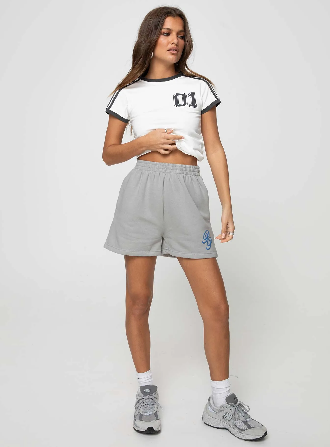 Princess Polly Track Shorts Cursive Text Grey / Blue