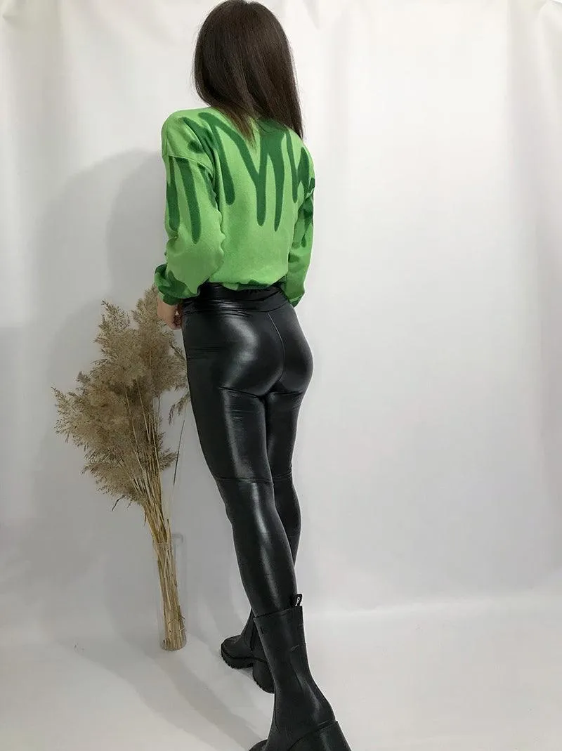 PU Leather Leggings with Elastic High Waist - Slim Pants