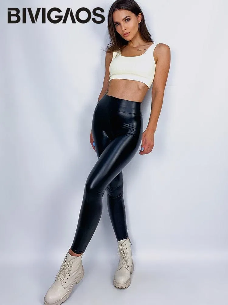 PU Leather Leggings with Elastic High Waist - Slim Pants