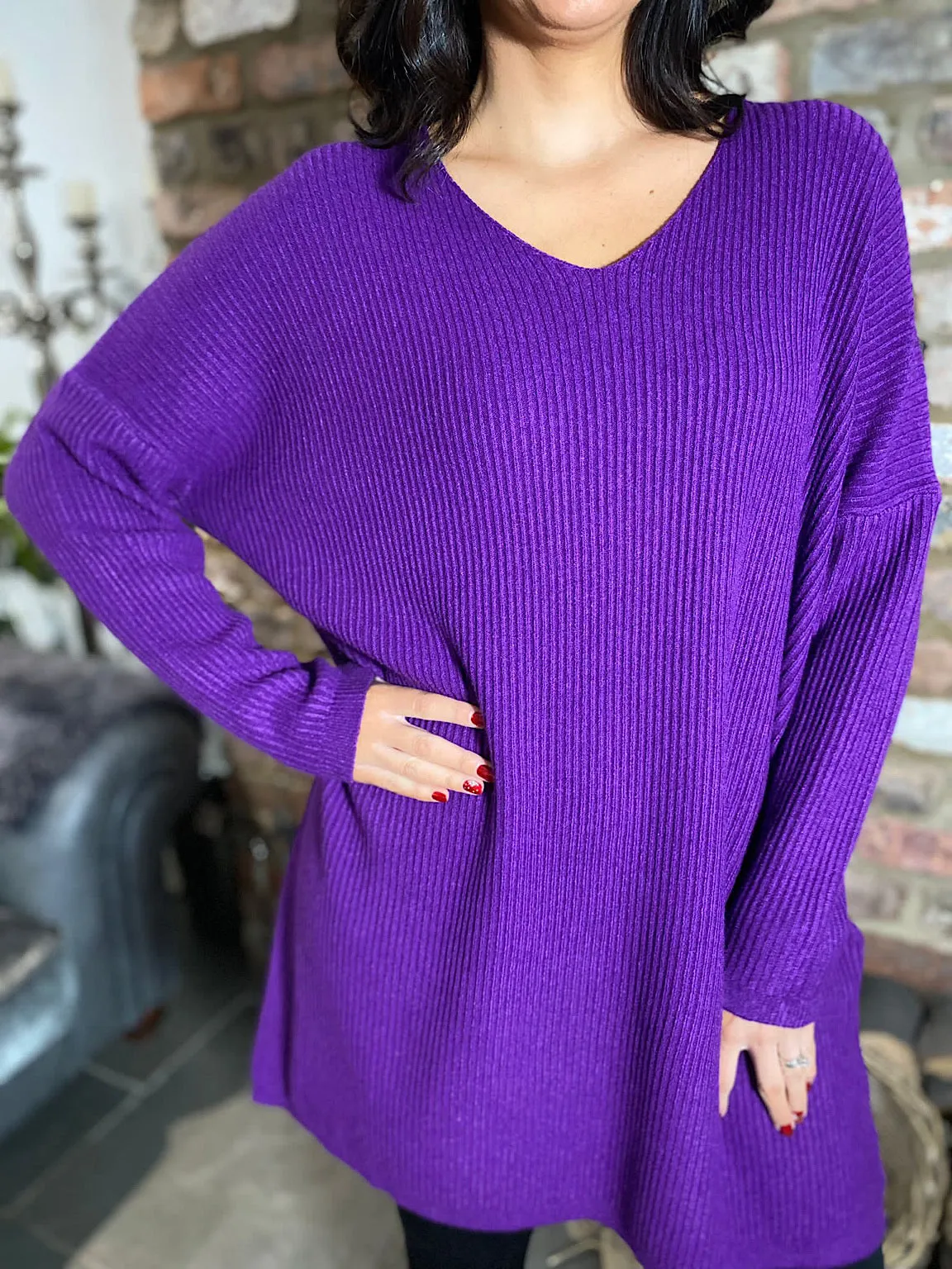 Purple Ribbed V Neck Knit Victoria