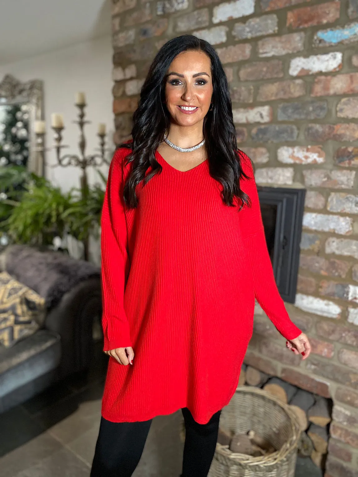 Red Ribbed V Neck Knit Victoria