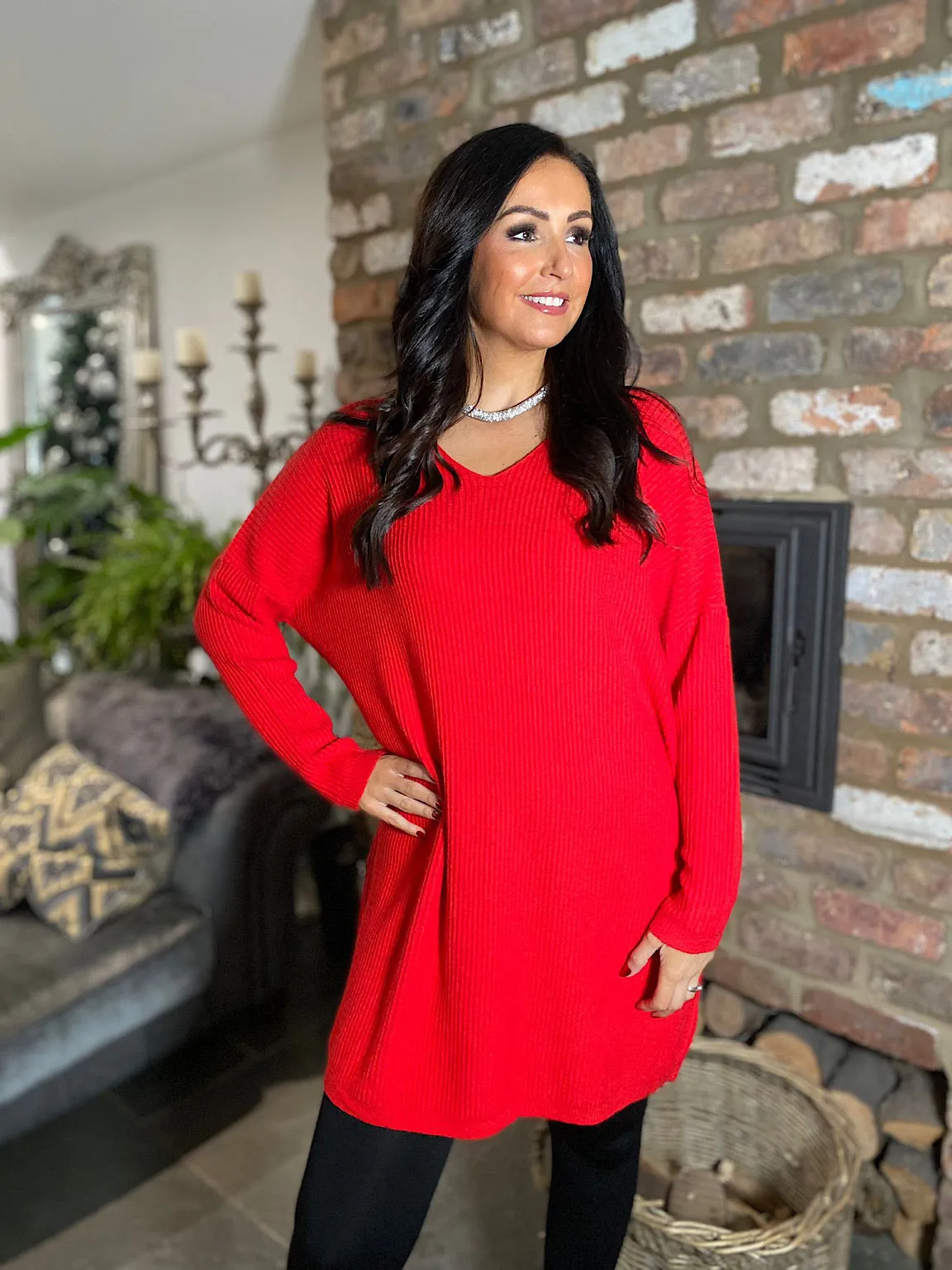 Red Ribbed V Neck Knit Victoria