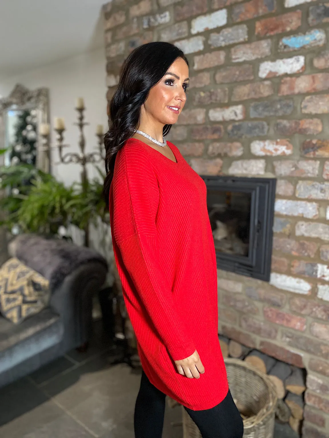 Red Ribbed V Neck Knit Victoria