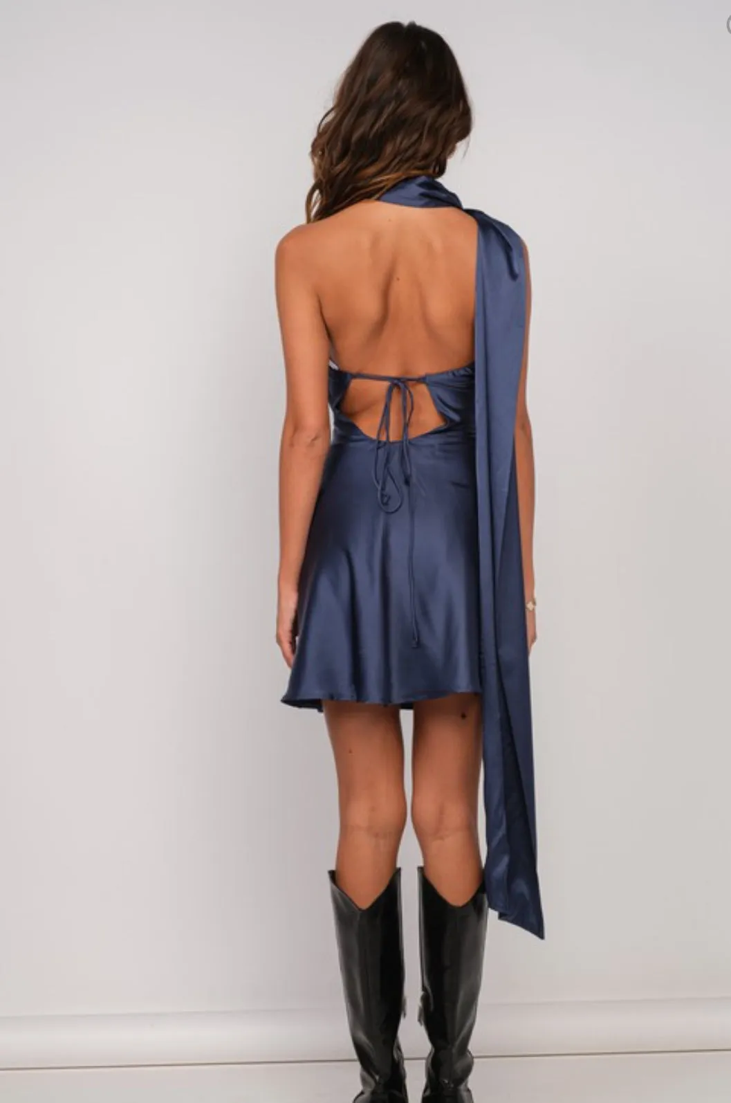 Sima navy satin formal one shoulder mini dress