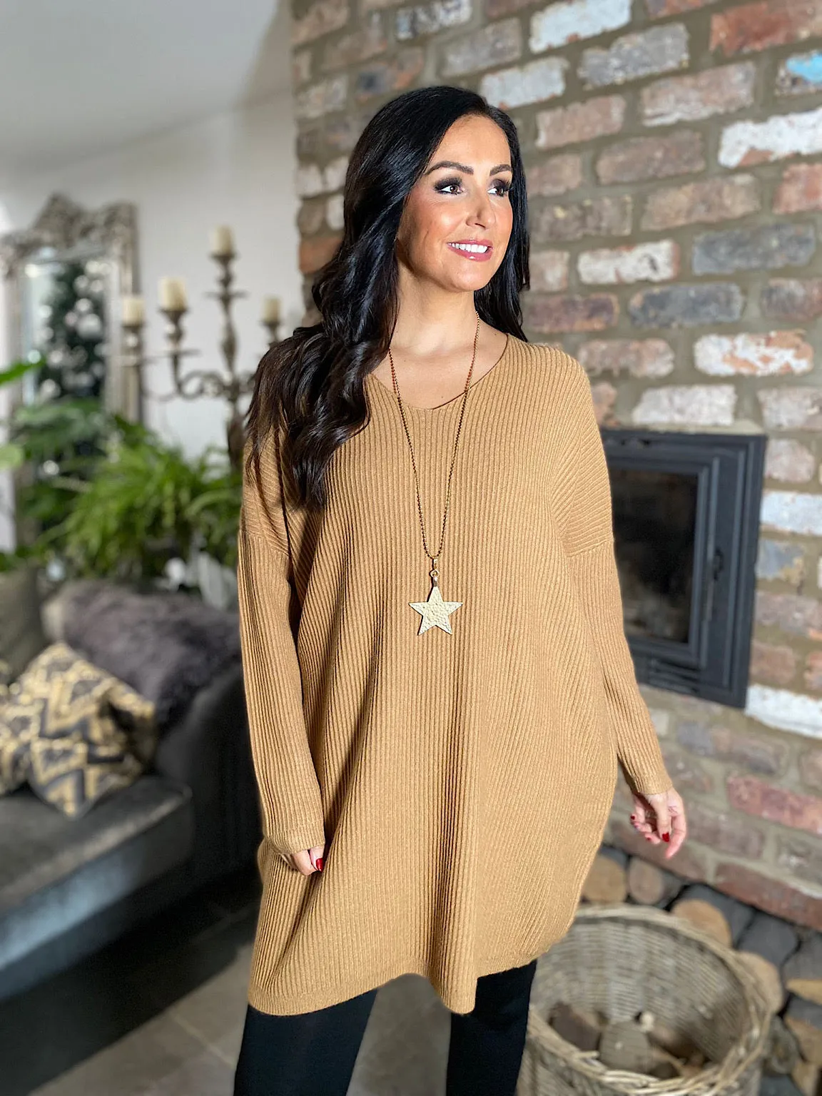 Tan Ribbed V Neck Knit Victoria