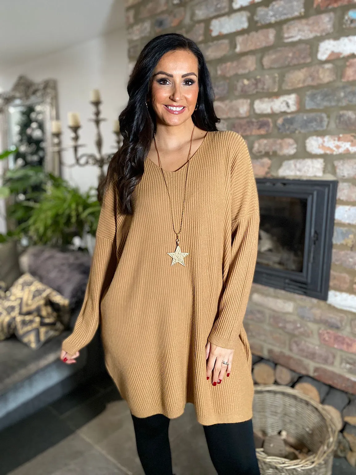 Tan Ribbed V Neck Knit Victoria