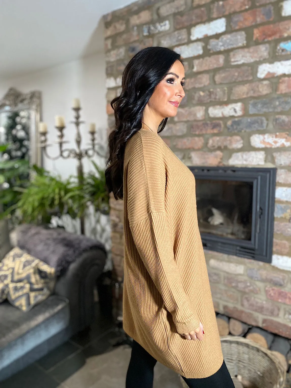 Tan Ribbed V Neck Knit Victoria