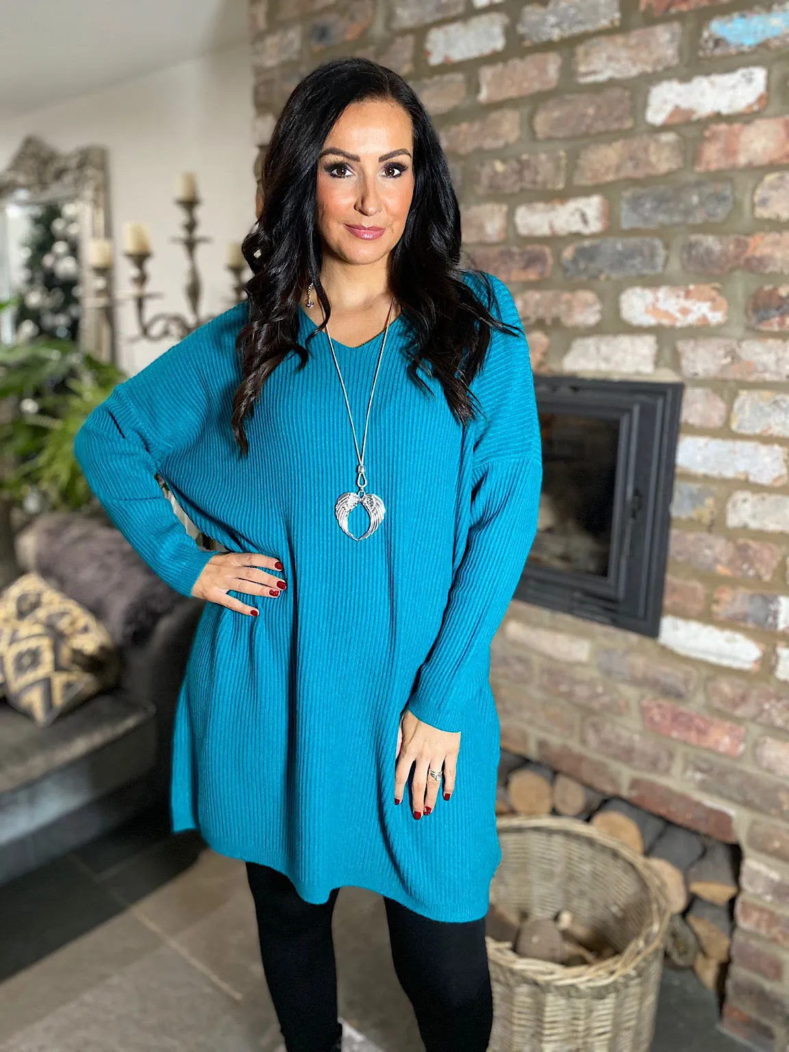 Teal Ribbed V Neck Knit Victoria