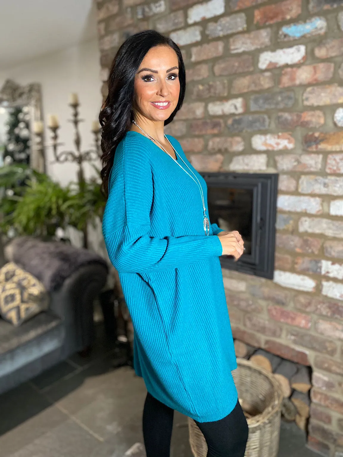 Teal Ribbed V Neck Knit Victoria