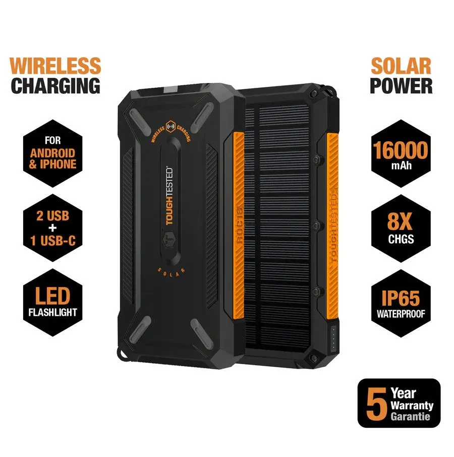 ToughTested 16,000 mAh Solar Charger & Wireless Portable Power Bank