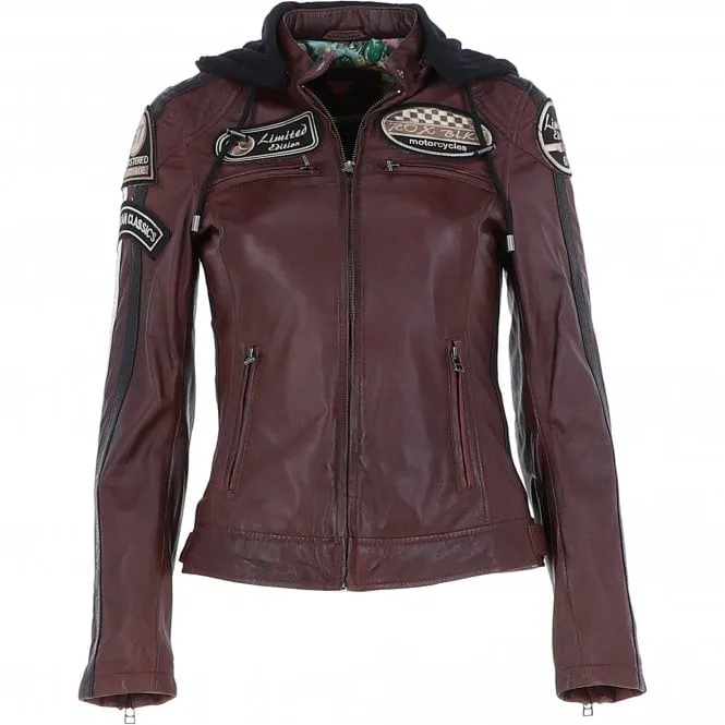 Women's Detachable Hood Leather Biker Jacket Bordeaux: L-Nirma