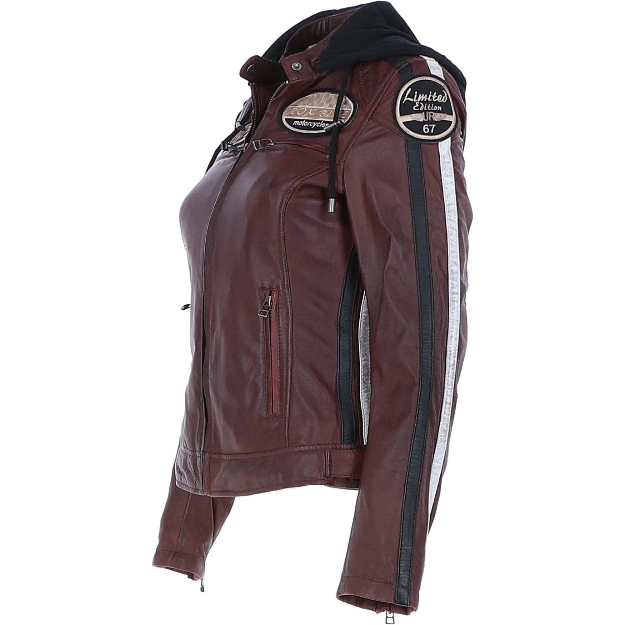 Women's Detachable Hood Leather Biker Jacket Bordeaux: L-Nirma