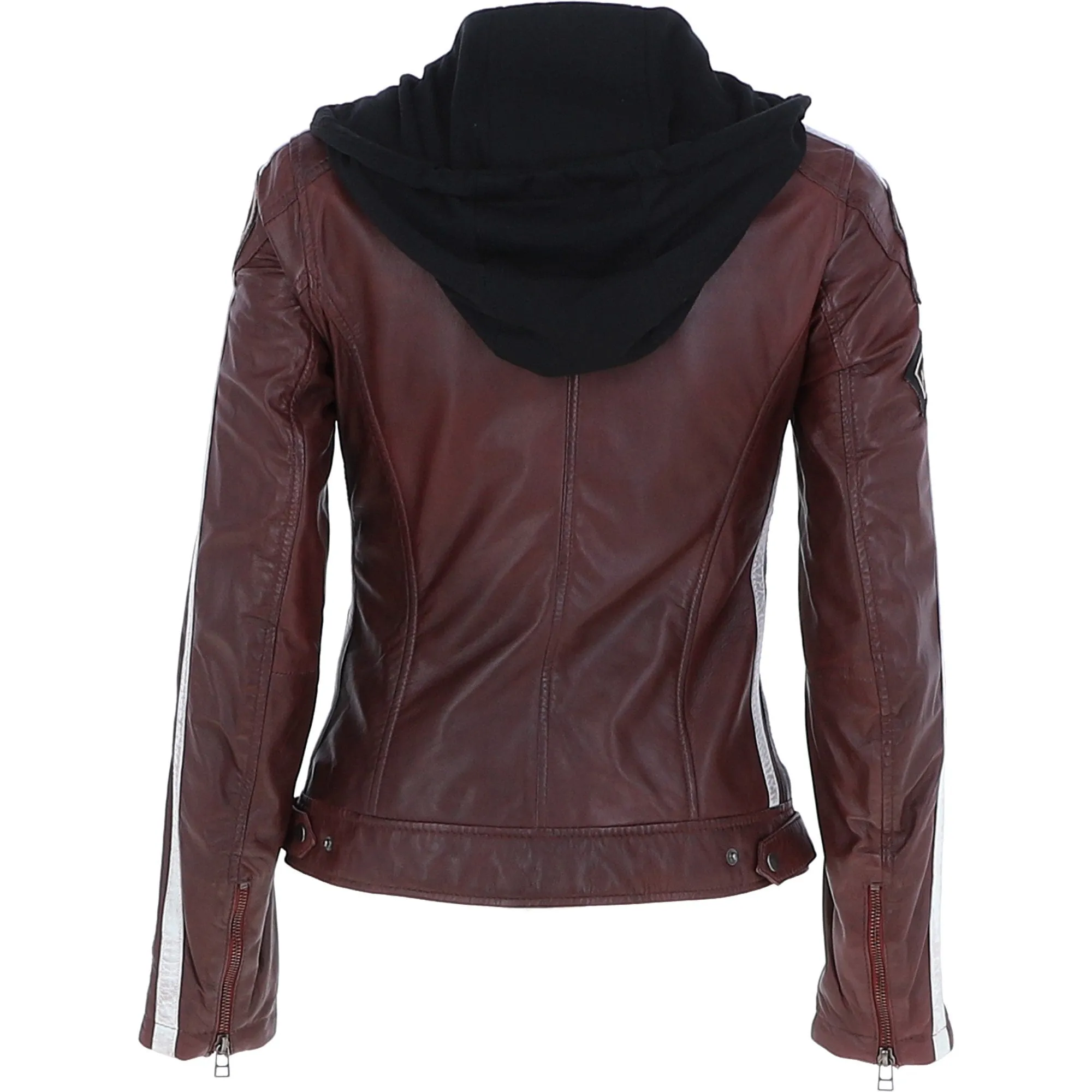 Women's Detachable Hood Leather Biker Jacket Bordeaux: L-Nirma